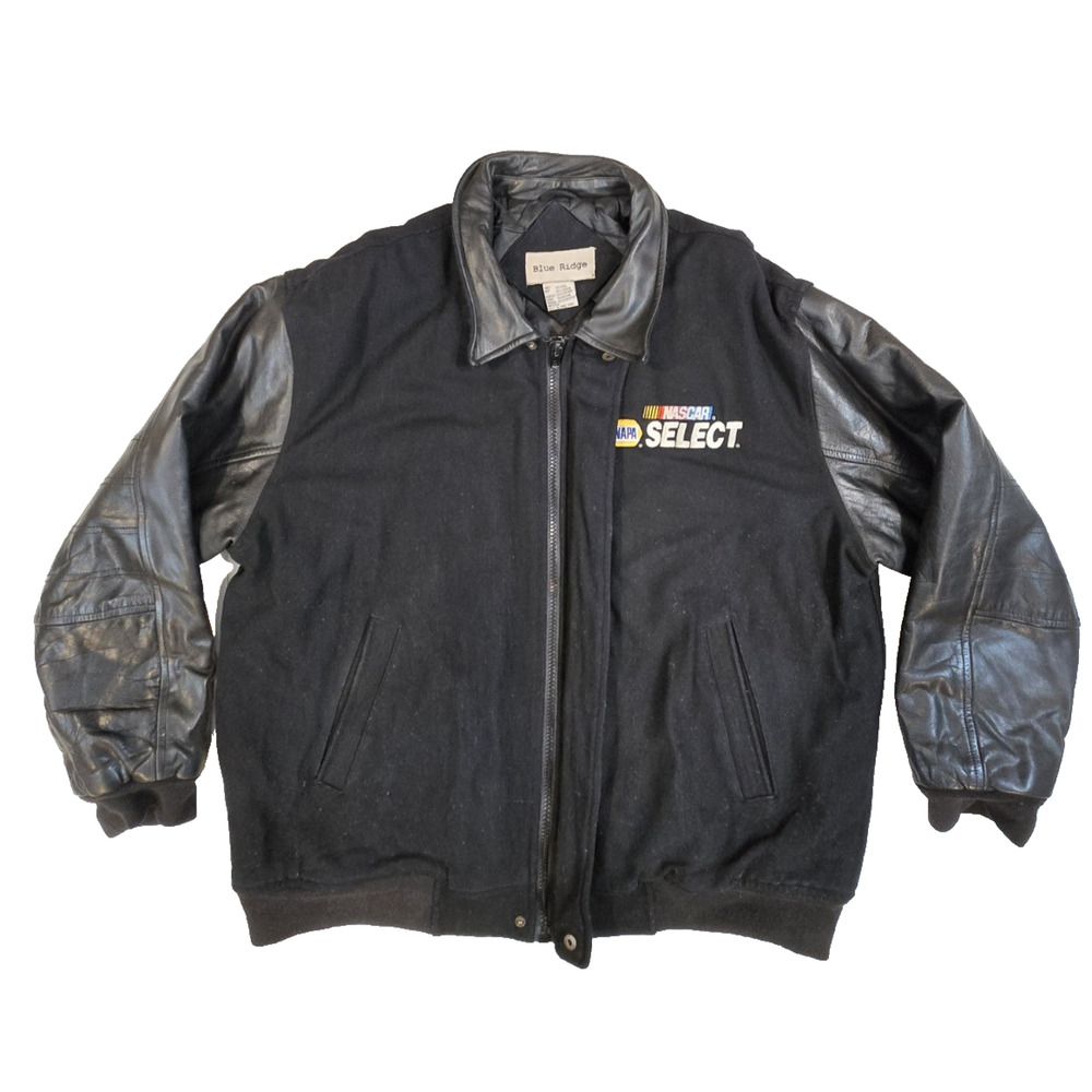 Vintage NAPA Select NASCAR Black Leather Wool Varsity Bomber Jacket Size Men XL